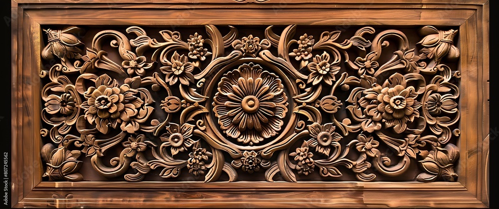 A wooden carved wall panel with an intricate design featuring floral motifs and geometric shapes
