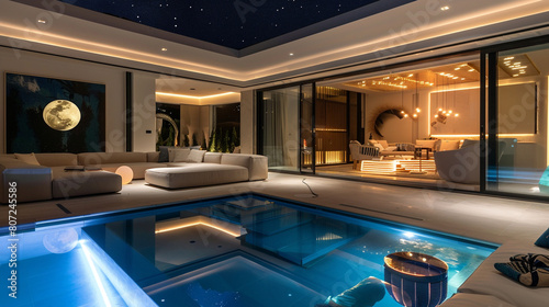 A luxurious villa illuminated by moonlight, featuring a pool with neon edge lighting that offers a futuristic look. photo