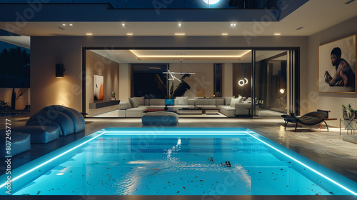A luxurious villa illuminated by moonlight, featuring a pool with neon edge lighting that offers a futuristic look. 