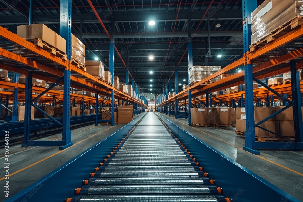 Fully stocked warehouse with orange and blue shelves flanking a central conveyor belt Fully stocked warehouse with orange and blue shelves flanking a central conveyor belt