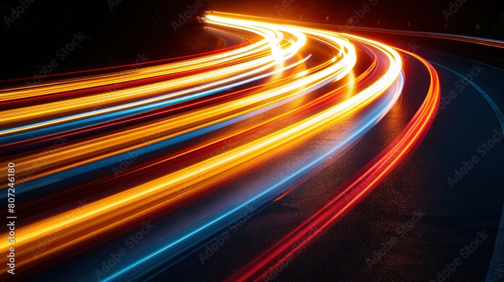 A photo of a street at night with clear, brightly lit streetlights A photo of a street at night with clear, brightly lit streetlights