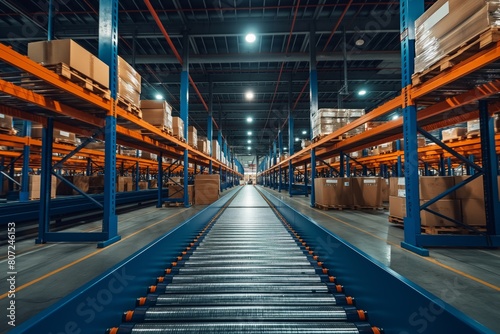 Fully stocked warehouse with orange and blue shelves flanking a central conveyor belt photo