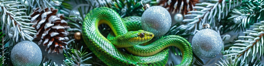 Fototapeta premium green snake on a background of silver sequins and branches of fir trees.