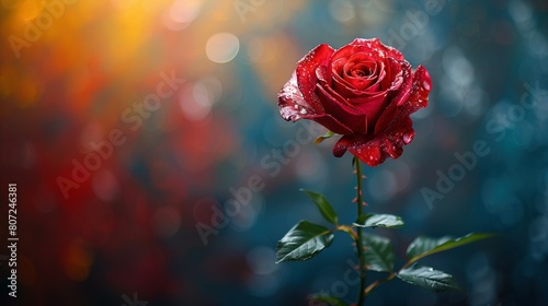  Rose with water droplets against a blue-red blurred backdrop