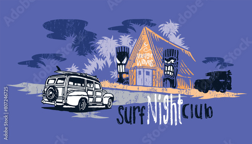 Vector illustration of an old surfer car in a landscape representing a nightclub.