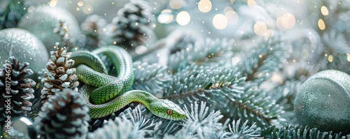 green snake on a background of silver sequins and branches of fir trees.