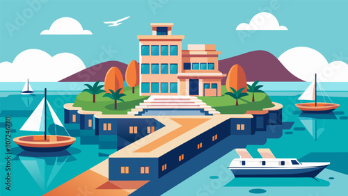 The addition of a luxury hotel boasting rooftop infinity pools and a private dock for guests arriving by boat.. Vector illustration