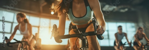 A group of focused individuals partakes in a vigorous cycling routine in a gym, highlighting health and active lifestyle photo
