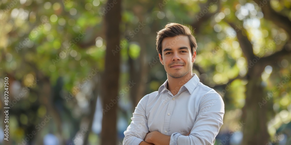 Relaxed young man in casual attire with a friendly smile, standing outdoors Relaxed young man in casual attire with a friendly smile, standing outdoors