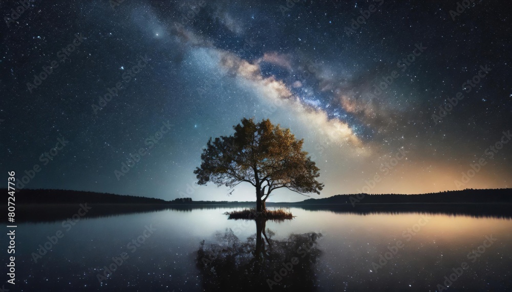 A lone tree stands reflected in a still lake under a brilliant Milky Way galaxy, creating a serene and cosmic night scene. A lone tree stands reflected in a still lake under a brilliant Milky Way galaxy, creating a serene and cosmic night scene.