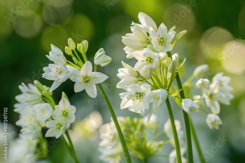 Spring Blossoms of Ornithogalum Umbellatum - White Flowers in Lush Green Setting photo