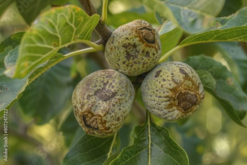 Walnut Anthracnose. Close-Up of Fungal Blotch on Walnut Tree Leaves Caused by Gnomonia photo