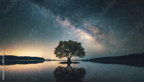 A lone tree stands reflected in a still lake under a brilliant Milky Way galaxy, creating a serene and cosmic night scene. © Red Lemon