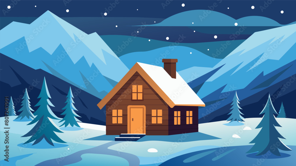 In the depths of winter a stoic wooden cabin stands strong a haven of safety and determination in the face of harsh conditions.. Vector illustration