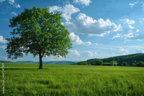 Serene Summer Greenery Landscape with Trees in a Lush Field and Forest Under a Blue Sky © Serhii