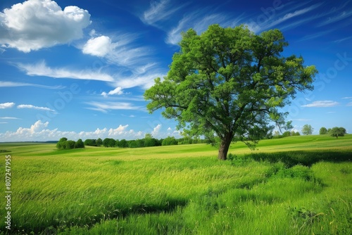 Tranquil Summer Landscape: Beautiful Greenary Field with Lush Trees and Vibrant Nature under Clear photo