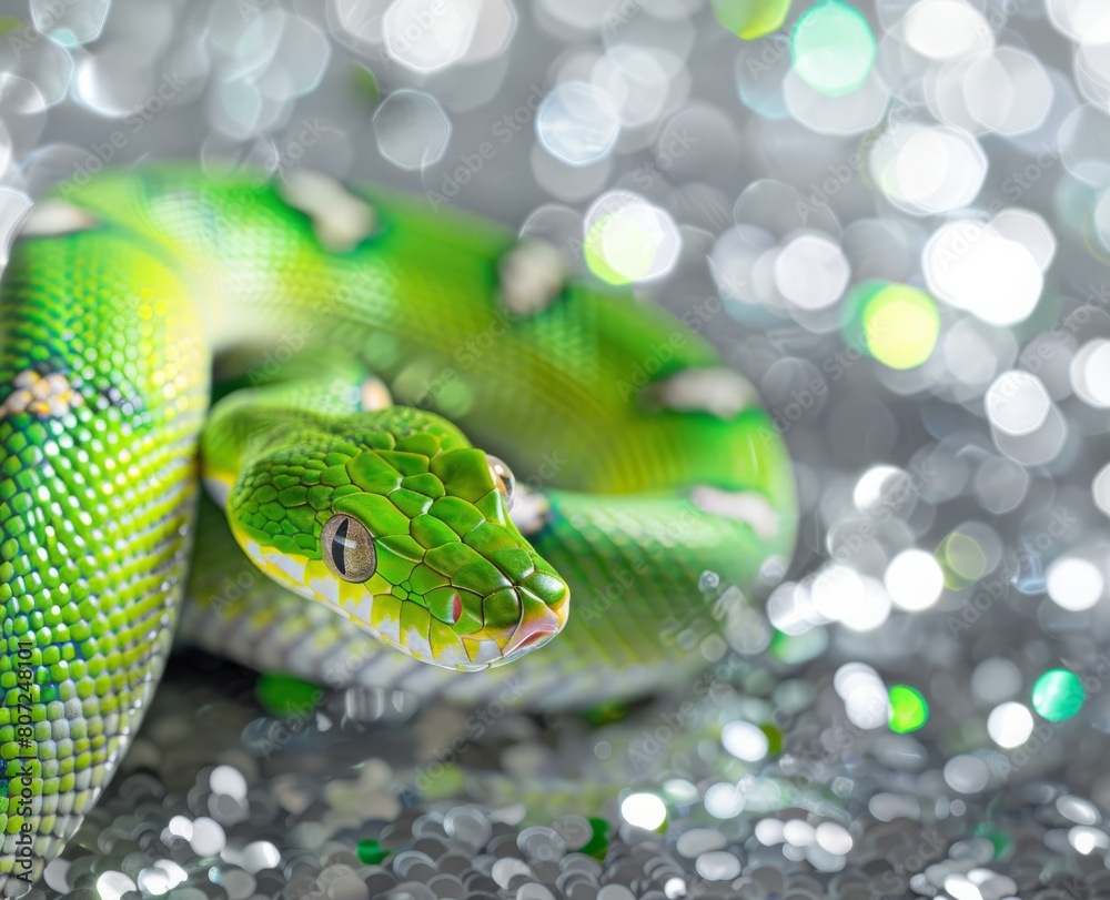 Fototapeta premium green snake on a background of silver sequins and branches of fir trees.