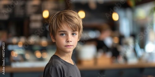 A portrait of a tranquil young boy in a cafe setting, with a blurred bokeh background
