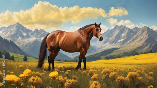 A brown horse is standing in a lush green field and a mountain range in the background.