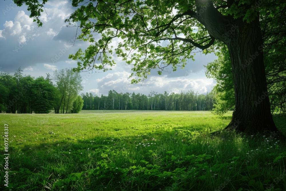 Summer Serenity: A Beautiful Greenery Landscape of Forest Trees, Grass Field, and Blue Sky in Park Summer Serenity: A Beautiful Greenery Landscape of Forest Trees, Grass Field, and Blue Sky in Park