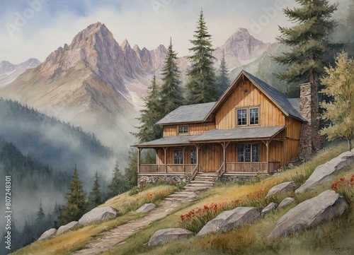 a modest mountain home It is surrounded by numerous mountains next to it. The natural world is breathtaking.