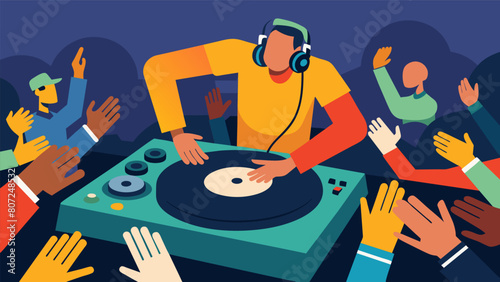 With a flick of the wrist the DJ drops in the signature scratch of a vinyl record sending the crowd into a frenzy. Vector illustration