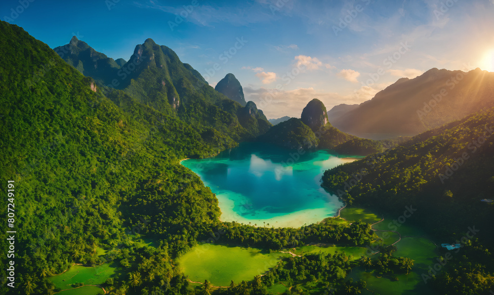 Obraz premium A view of a lake surrounded by mountains and trees in the sun, epic and stunning, beautiful environment
