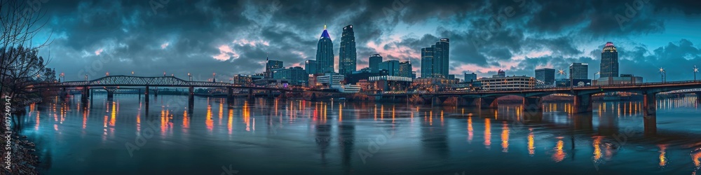 Fototapeta premium Morning Glow: Skyline Over a Bridge and Downtown Business District - Tennessee Travel and
