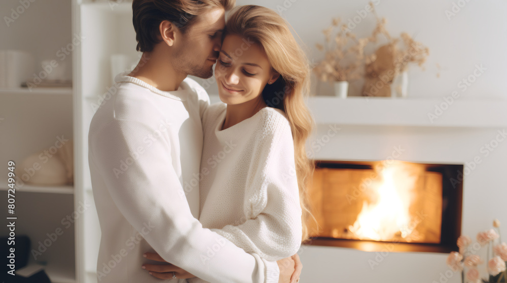 High key, Beautiful Caucasian couple in white sweaters cuddles with a dog while sitting in front of the fireplace High key, Beautiful Caucasian couple in white sweaters cuddles with a dog while sitting in front of the fireplace