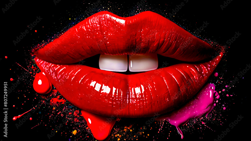 Red lips isolated on black backdrop closeup. Lipstick's explosive burst of color on black canvas, open mouth, white teeth Red lips isolated on black backdrop closeup. Lipstick's explosive burst of color on black canvas, open mouth, white teeth