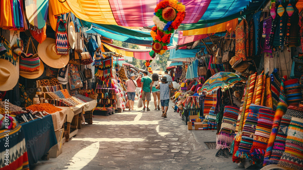 Obraz premium a hive of activity with street merchants offering things from all over the world and customers engaging in a lively exchange of goods and cultures.