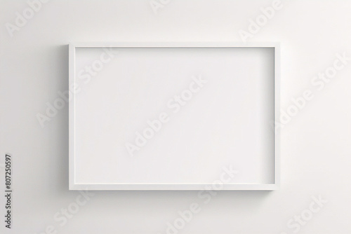 Moldura branca apoiada no chão branco na maquete interior. Modelo de uma imagem emoldurada em uma renderização em 3D de parede photo