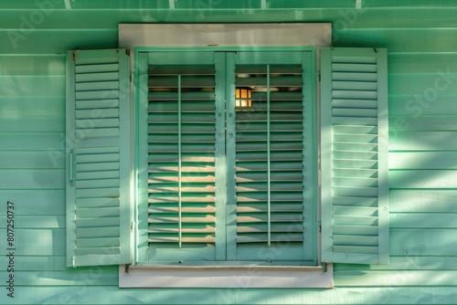 Pastel Green Hurricane Window Shutters with Open Glass  White Lamp and Summer Background