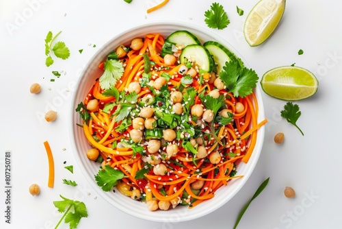 Thai salad with raw carrots cucumber chickpeas cilantro sesame in sweet and sour sauce Promotes healthy diet and weight loss White background top photo