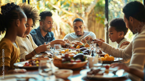 A mixed-race and ethnic family gathered around a dinner table, exchanging customs and tales from their individual cultures while they break bread as a unit..j