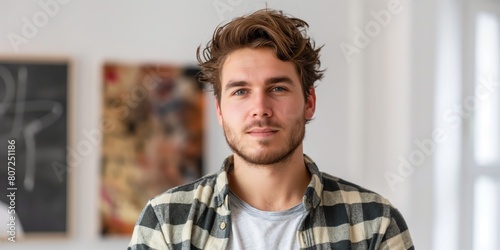 A young adult male with tousled hair and plaid shirt poses with a warm, welcoming expression photo