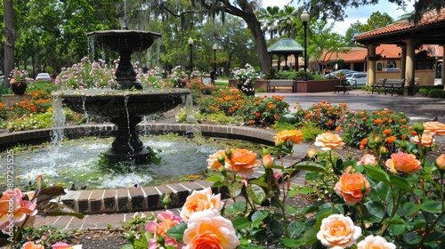 Fototapeta Naklejka Na Ścianę i Meble -  Discover the Charm of Winter Park, Florida: Central Park's Rose Garden and Fountain in Small Town