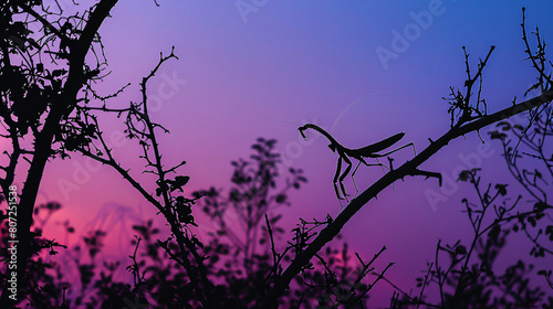 The silhouette of trees and an Empusa pennata mantis