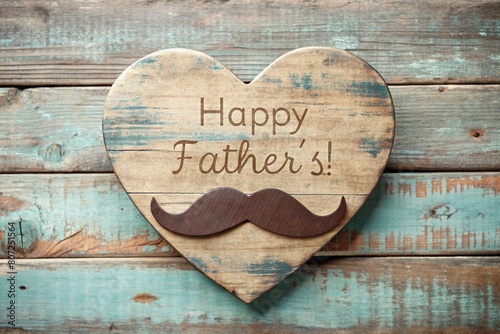 A stylish postcard, a banner for happy Father's Day with a wooden heart on a vintage gray, blue, brown wooden background.