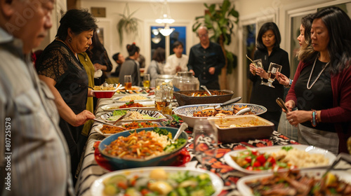 A multicultural potluck dinner where guests bring dishes from their respective cultures, sharing culinary traditions and stories as they break bread together in a spirit of friendship and camaraderie. photo
