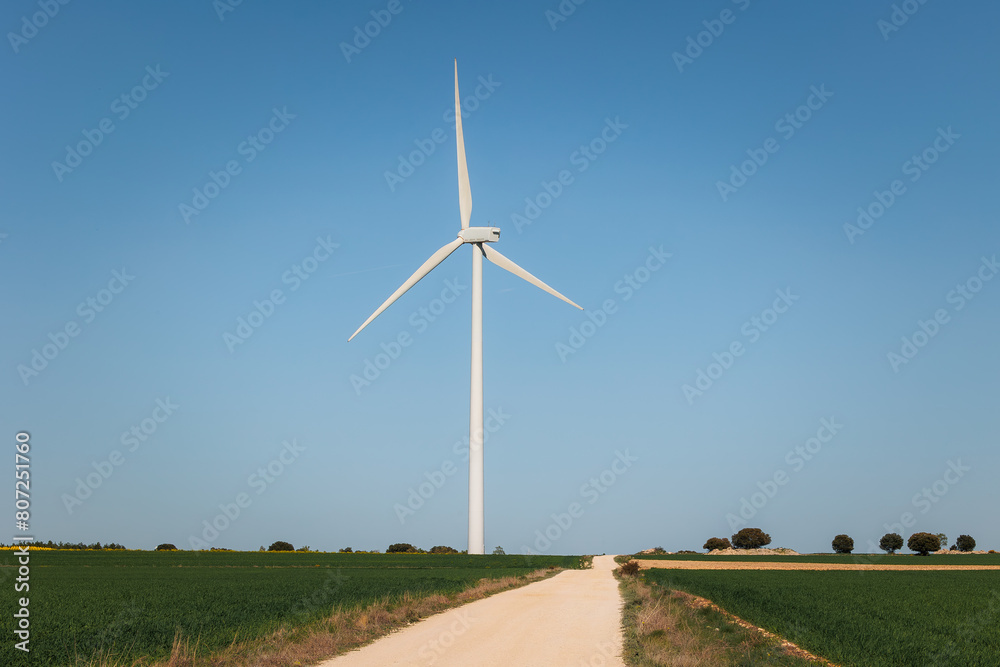 sand road next to a windmill of wind energy in the middle of the countryside with beautiful colors and clear blue sky, renewable energy sand road next to a windmill of wind energy in the middle of the countryside with beautiful colors and clear blue sky, renewable energy