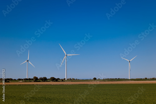 windmills of wind energy in the middle of the countryside with beautiful colors and clear blue sky, renewable energy