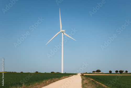 sand road next to a windmill of wind energy in the middle of the countryside with beautiful colors and clear blue sky, renewable energy