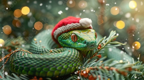 green snake with a sanclaus cap. © Yahor Shylau 