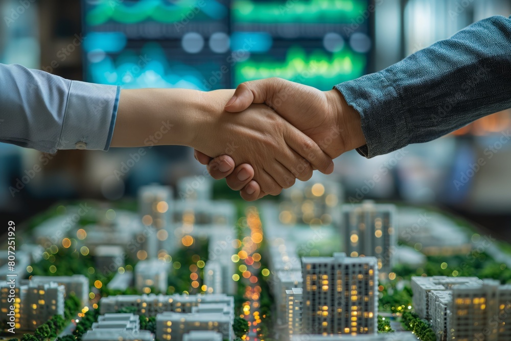 Obraz premium Business handshake over city model