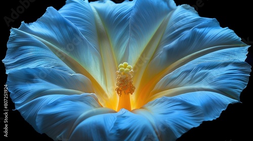   A large blue flower with yellow stamens in the center against a black background