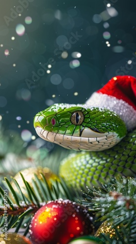 green snake with a sanclaus cap. © Yahor Shylau 