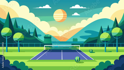 A serene setting of a tennis court with the only noise being the sound of a tennis ball machine providing a unique training experience.. Vector illustration