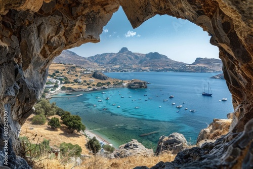 Discover the Scenic Beauty: Breathtaking View of Dodecanese's Blue Sea through Rocky Cave photo