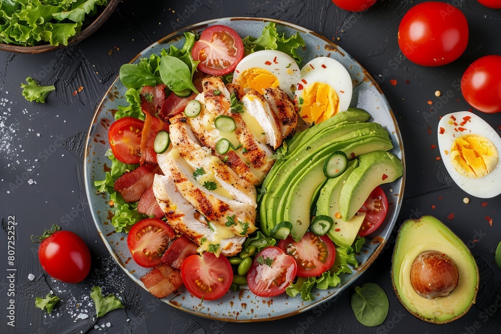 Top view of Cobb salad with chicken tomatoes eggs bacon avocado on a dark table American cuisine